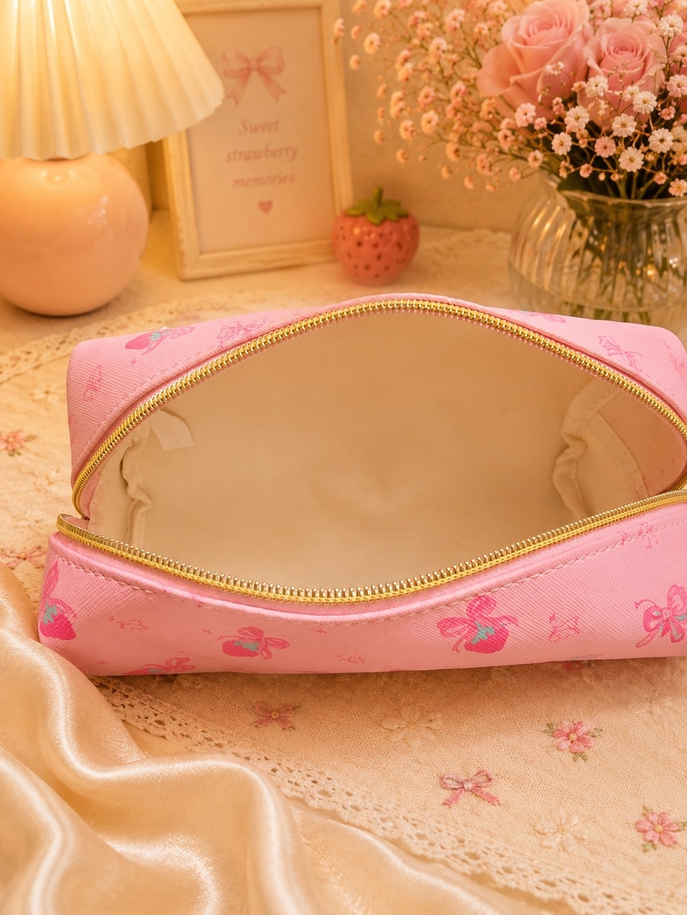 Pink Strawberry Cosmetic Pouch with Pink Eyelash Curler Set - Picture 2 of 3